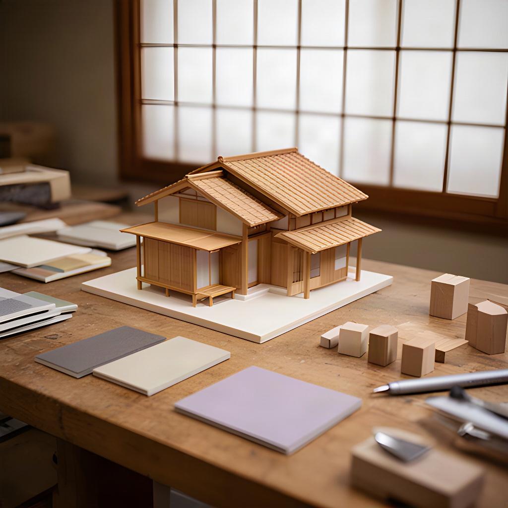 木の作業台に置かれた建築模型、障子越しの柔らかな光