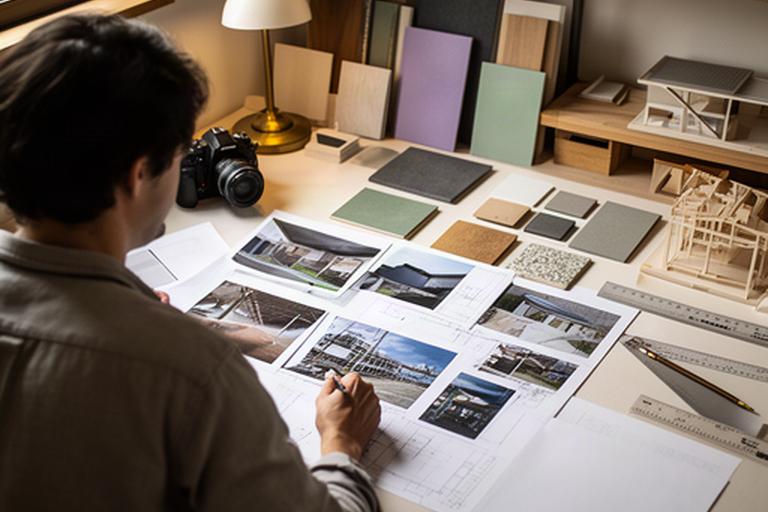 袋井の設計事務所で施工写真と図面を確認する建築士の作業風景