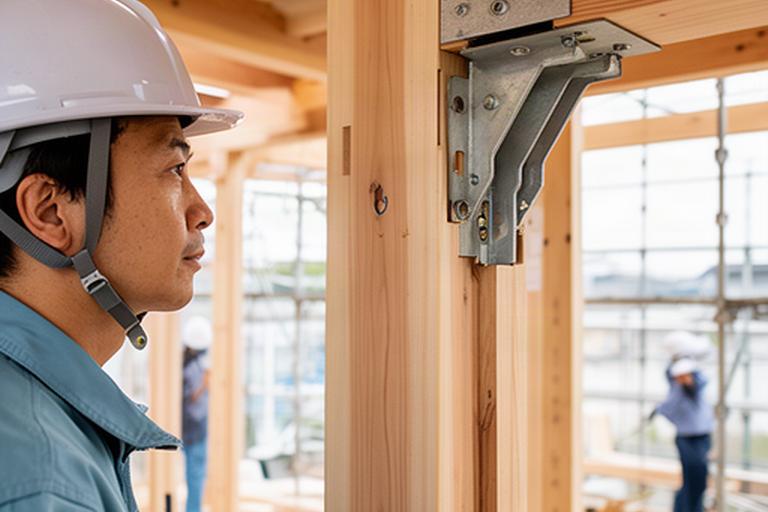 木造住宅の建て方現場で柱と梁の接合部を確認する建築士