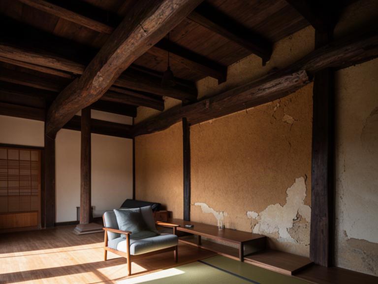 梁と土壁を残して改修した静岡の古民家の室内